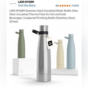 New LARS NYSOM Insulated Stainless Steel Water Bottle Carry Clip 25.4oz Hot/Cold